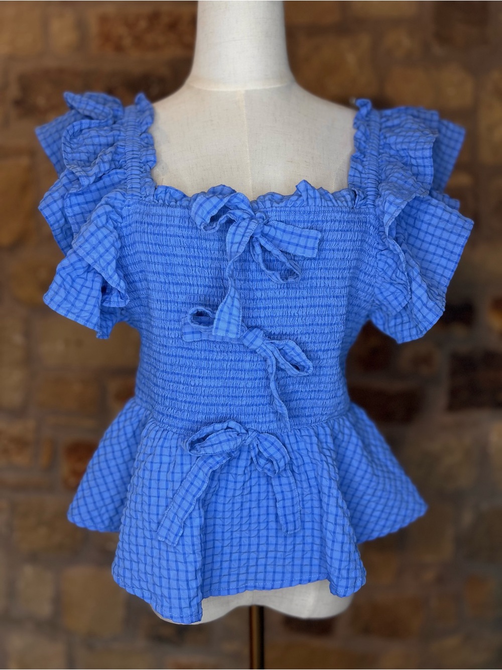 Anthro Entro Blur Gingham Smocked Ruffle Tie Top Peplum Cottagecore Large